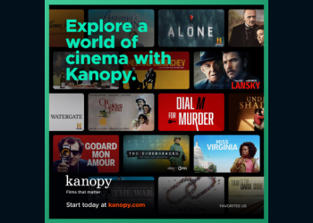 Movie covers including Dial M for Murder overlaid with the text "Explore a world of cinema with Kanopy. Start today with Kanopy.com."