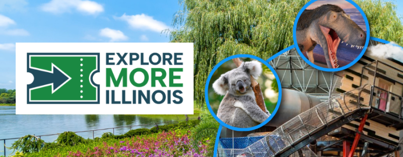 Explore More Illinois logo with an image of a walking path at the Chicago Botanic Gardens as the background and in the foreground is a koala from the Brookfield Zoo, a dinosaur from the Dunn Museum, and Cloud Buster climbing tower at the Chicago Children's Museum