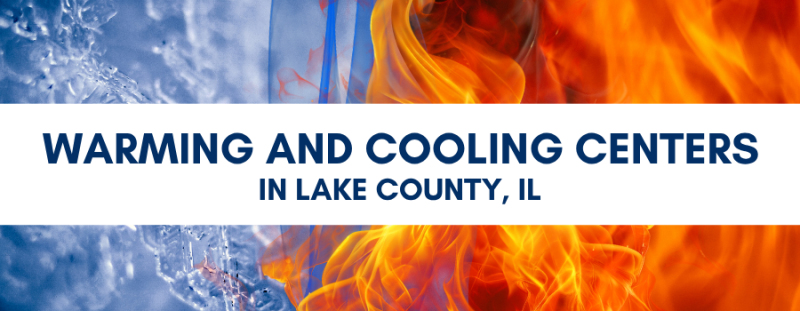 Warming and Cooling Centers in Lake County, IL with a frozen tundra and hot flamed background