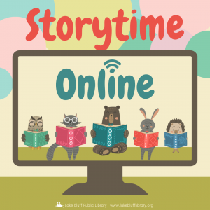 Woodland animals reading books on a computer monitor underneath the text "Storytime Online."