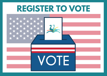 Register to vote. A ballot box with the Library logo on the ballot superimposed over an American flag.