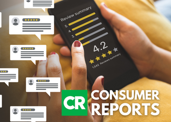 Hands holding a phone with speech bubbles overlaid on the image. The Consumer Reports logo and wordmark are in the bottom right corner.