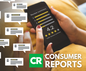 Hands holding a phone with speech bubbles overlaid on the image. The Consumer Reports logo and wordmark are in the bottom right corner.