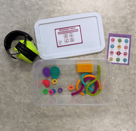 A sensory kit with ear protection, a clear box containing colorful fidget toys, a white lid labeled Sensory Tools, and a small chart with different facial expressions on a gray surface.