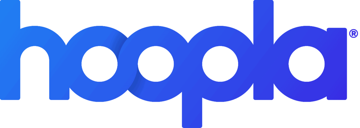 The image shows the word hoopla in bold, lowercase blue gradient letters on a white background.