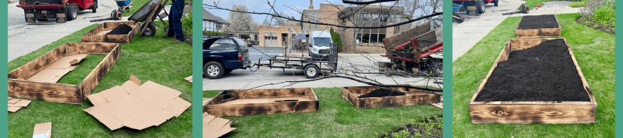 Three-panel image showing the process of assembling wooden garden beds: empty beds on grass, beds lined with cardboard, and finished beds filled with soil along a sidewalk.
